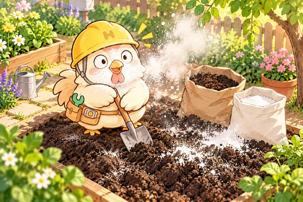 土に石灰をまいて顔が真っ白になったナビ助