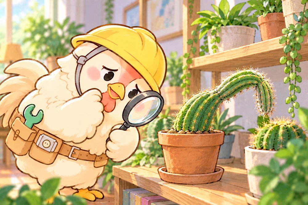 ひょろっとかたむいたサボテンを虫めがねで観察するニワトリのナビ助