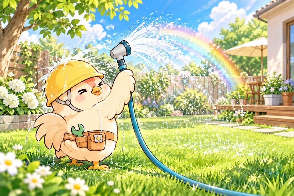 虹の下で芝生と自分に水をかけるニワトリのナビ助