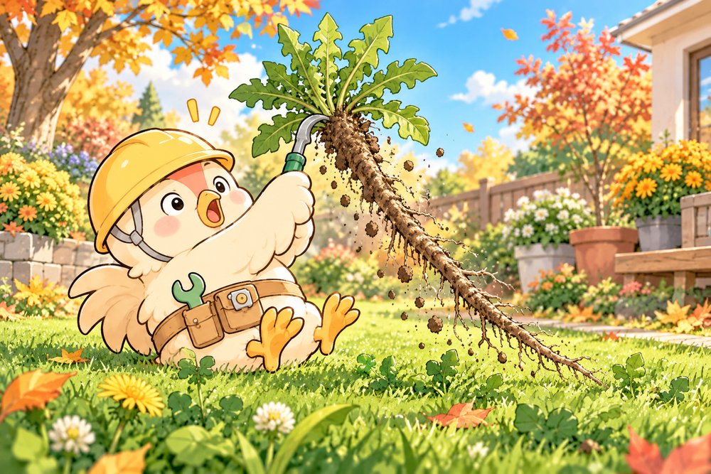 長い根っこの雑草を抜いてしりもちをつくニワトリのナビ助