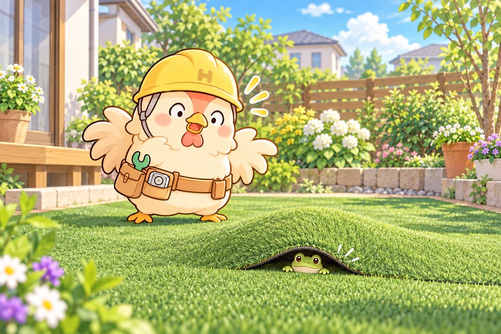 波打った人工芝に驚くニワトリのナビ助