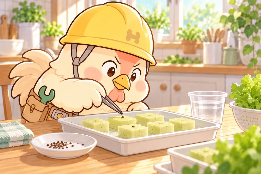 ピンセットでレタスの種をまくニワトリのナビ助