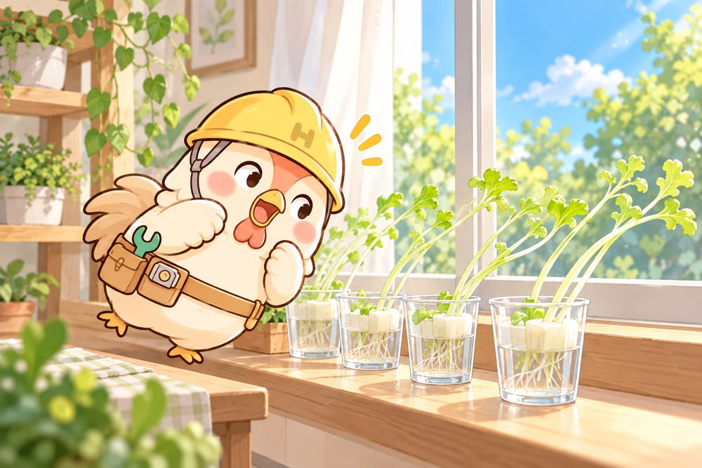 ひょろひょろに伸びた芽に驚くニワトリのナビ助