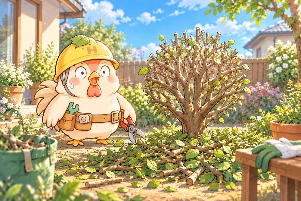 切りすぎた低木の前で固まるニワトリのナビ助