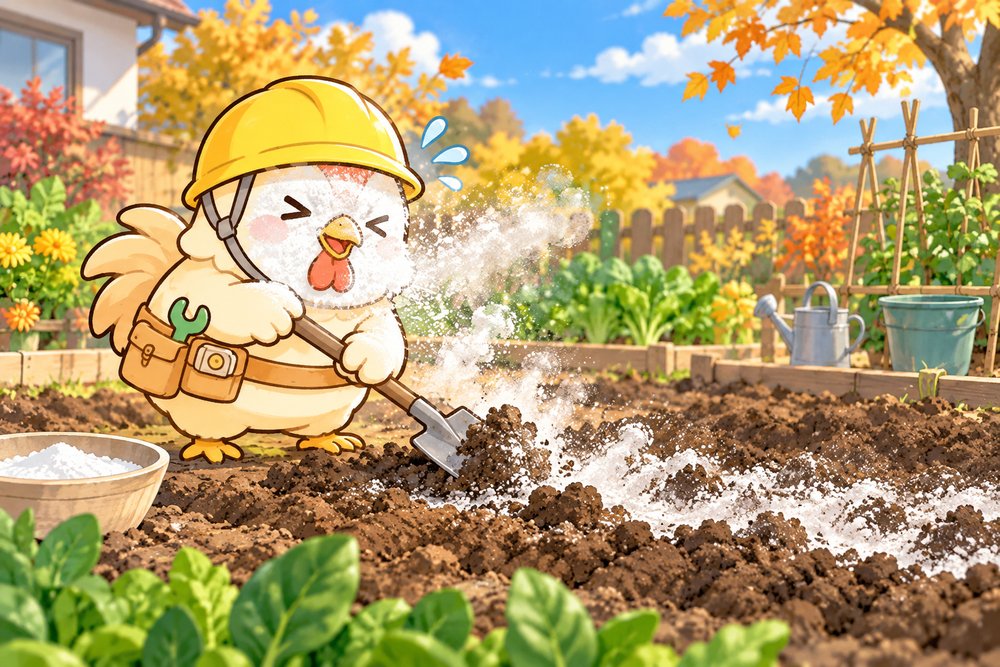 石灰をまいて土づくりをするニワトリのナビ助