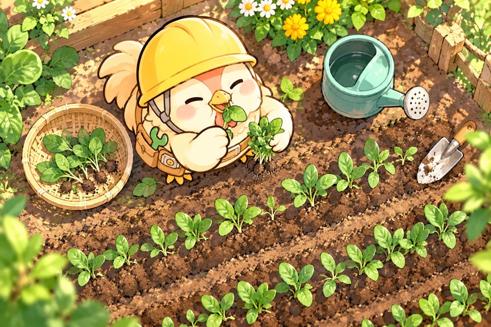 ほうれん草の芽を間引いて味見するニワトリのナビ助