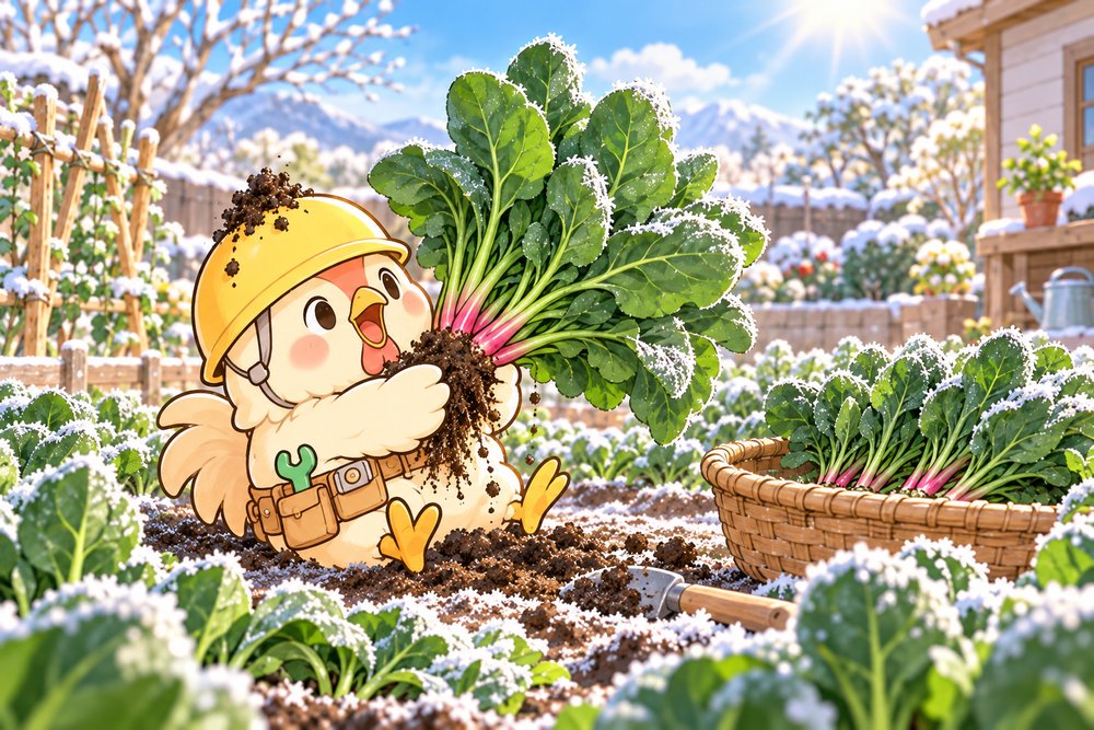 霜の畑で大きなほうれん草を収穫するニワトリのナビ助