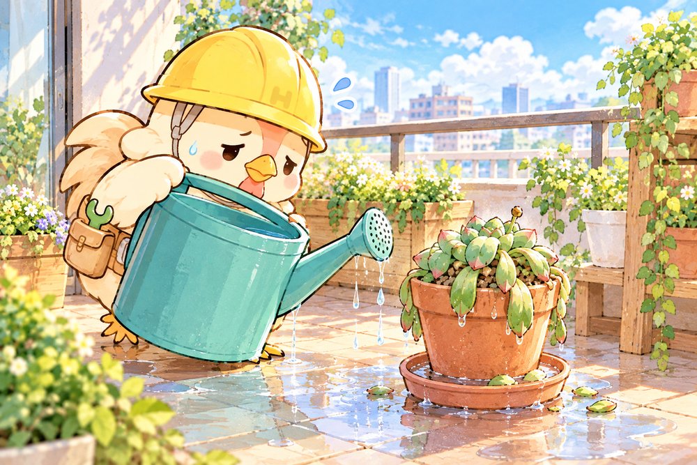 水をあげすぎてしおれた多肉植物の前で反省するニワトリのナビ助