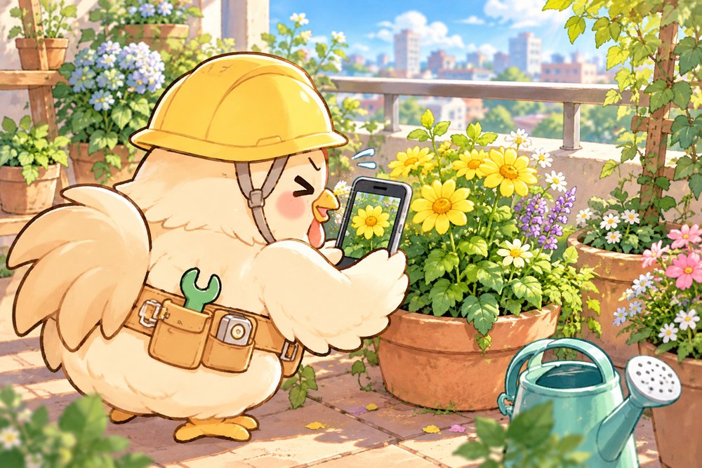 スマホで花を撮って名前を調べようとするニワトリのナビ助