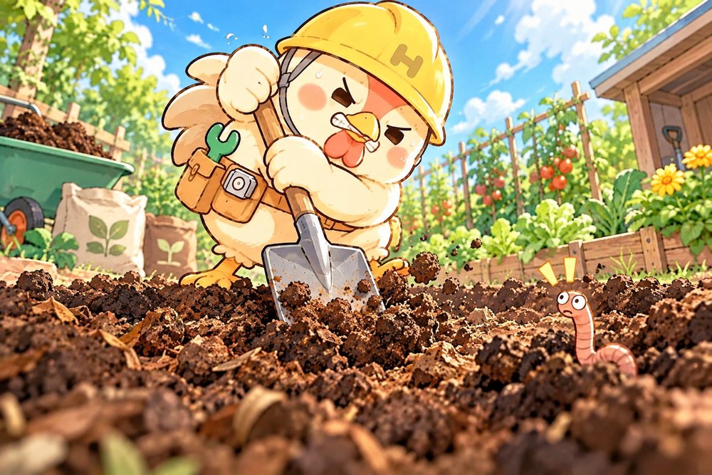 腐葉土を土に混ぜこんで耕すニワトリのナビ助