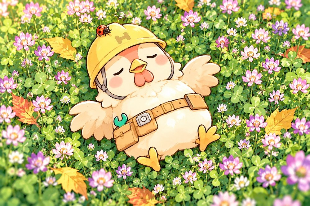 緑肥の花畑で昼寝するニワトリのナビ助