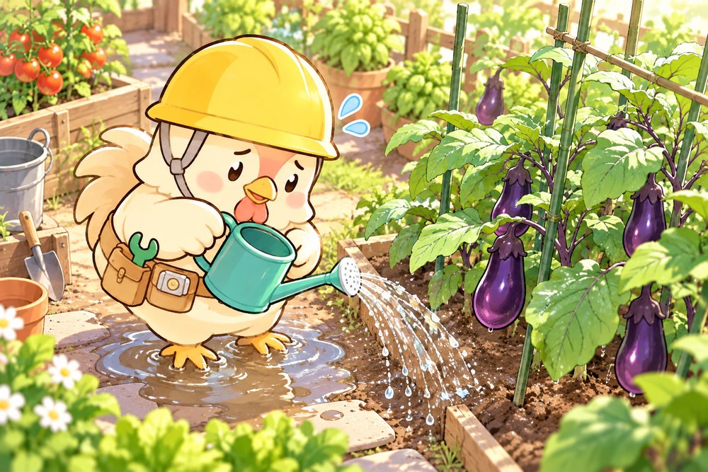 水をあげすぎて足もとが水たまりになるニワトリのナビ助