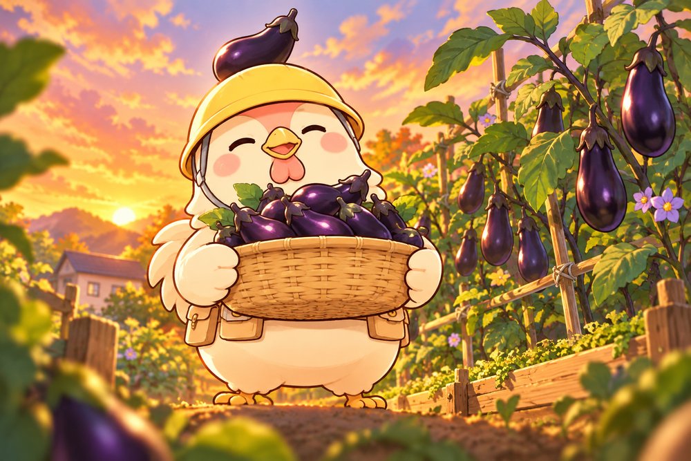 秋なすをかごいっぱいに収穫したニワトリのナビ助