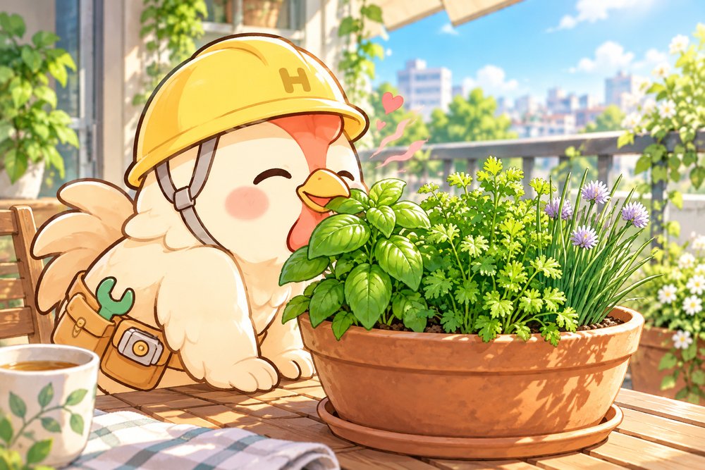 ハーブの寄せ植えの香りにうっとりするナビ助