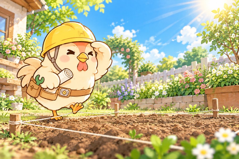 日当たりを確かめながら花壇の場所を決めるナビ助