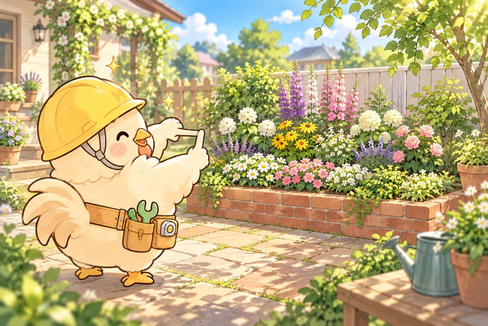 完成した花壇を指フレームで眺めるナビ助
