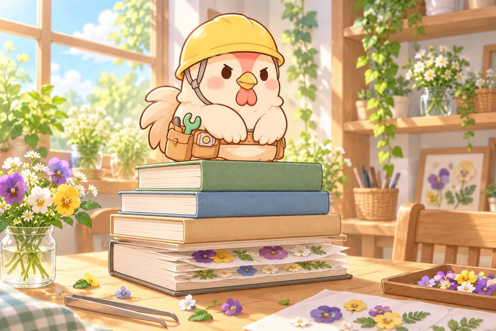 押し花の本の山に座って重しになるニワトリのナビ助