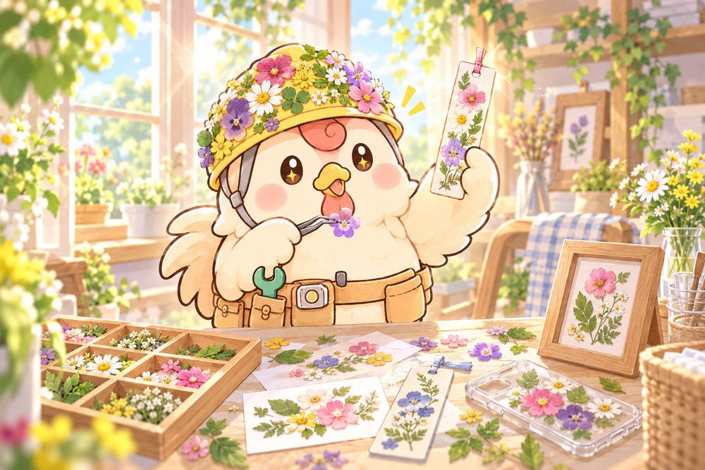 ヘルメットまで押し花でかざるニワトリのナビ助