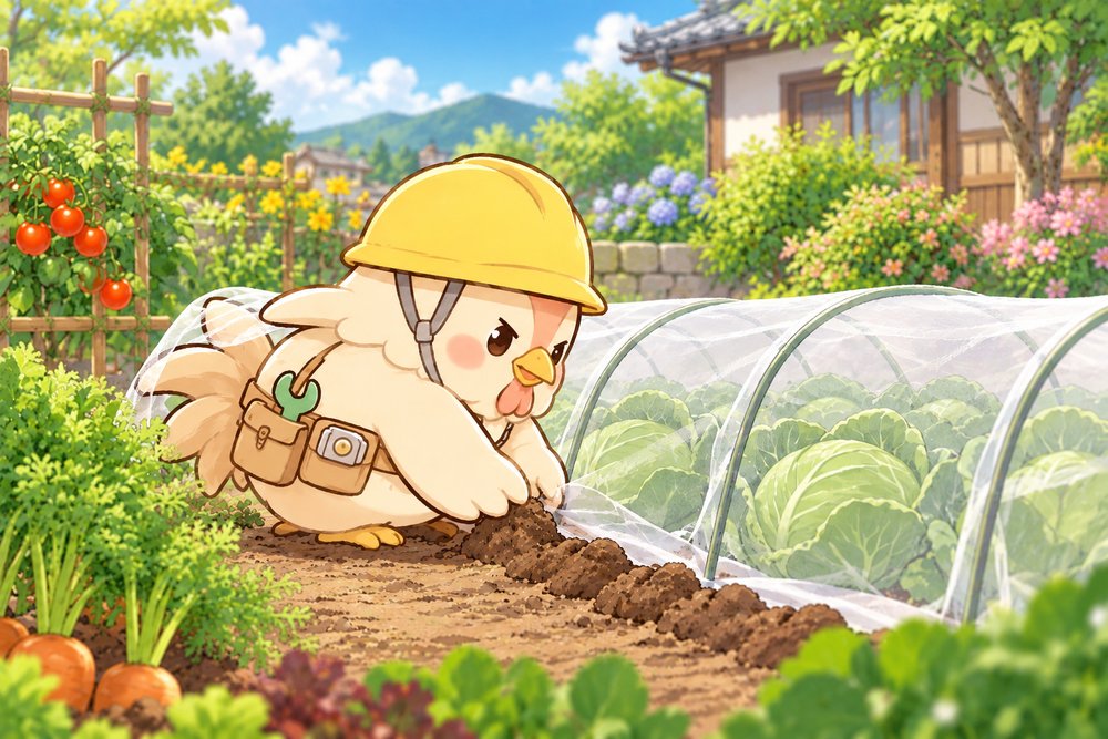 畑に防虫ネットをかけるニワトリのナビ助