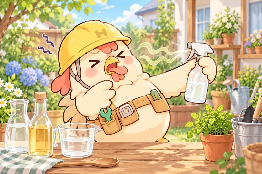 手作りスプレーのにおいにのけぞるニワトリのナビ助