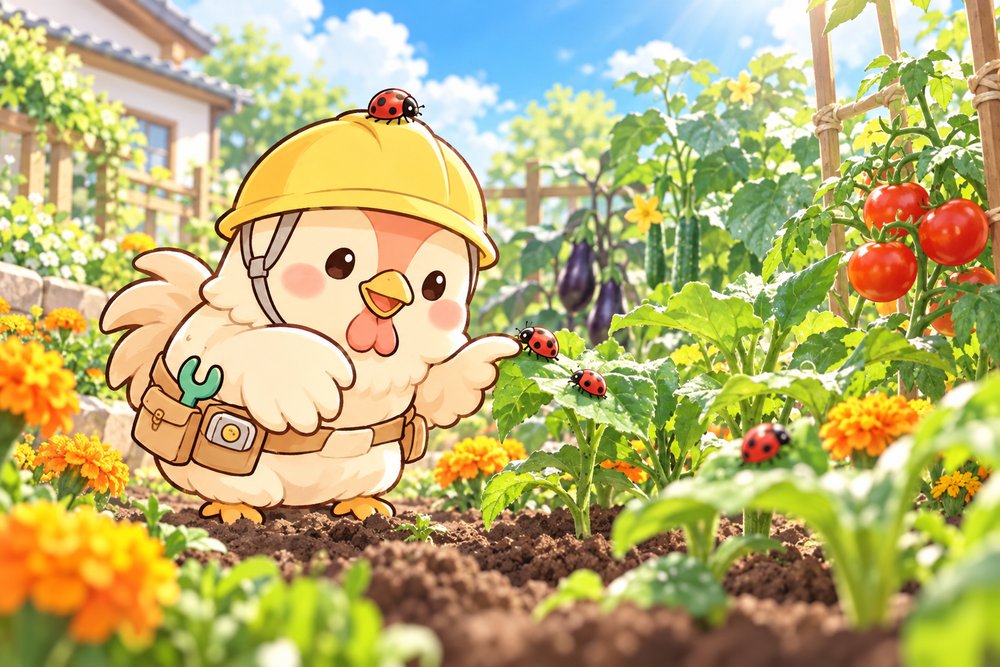 マリーゴールドの畑でテントウムシを迎えるニワトリのナビ助