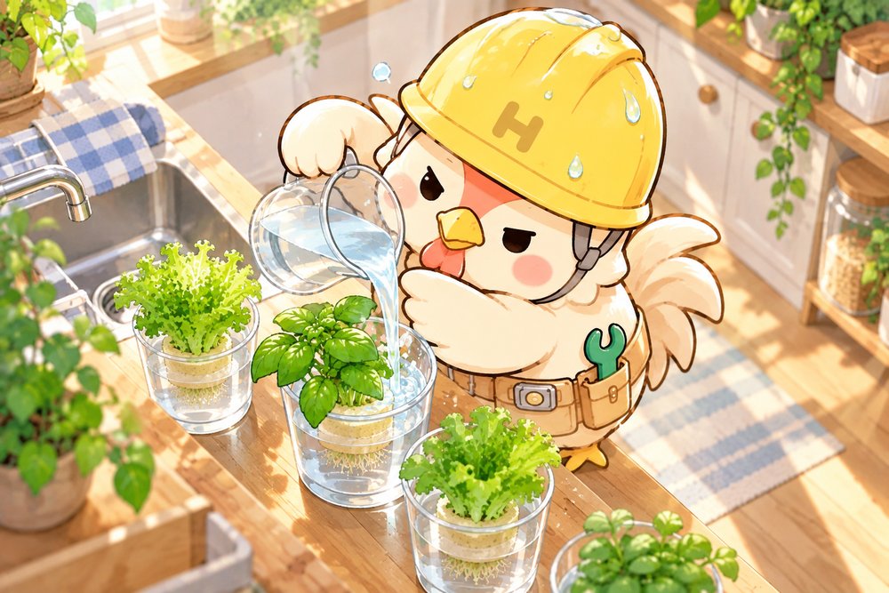 水耕栽培の水を入れかえるニワトリのナビ助