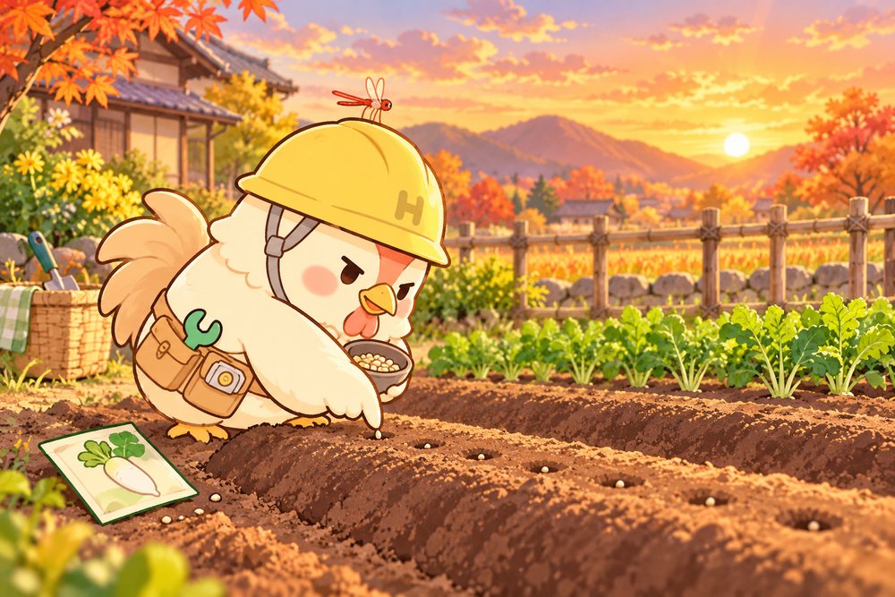 秋の畑で大根の種をまくナビ助