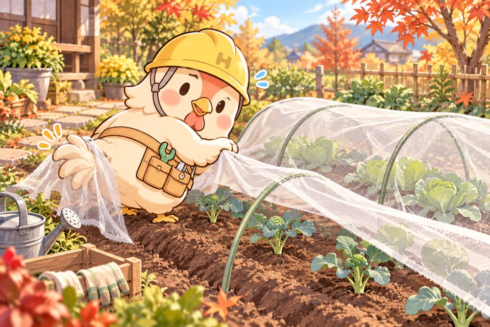 植え付けた苗に防虫ネットをかけるナビ助