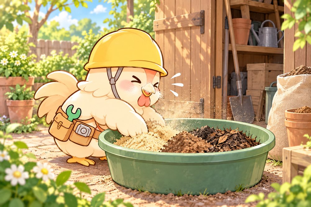 米ぬかの粉でくしゃみが出そうなニワトリのナビ助