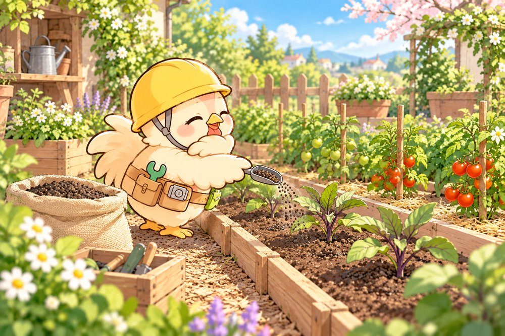 畑の苗のまわりにぼかし肥料をまくニワトリのナビ助
