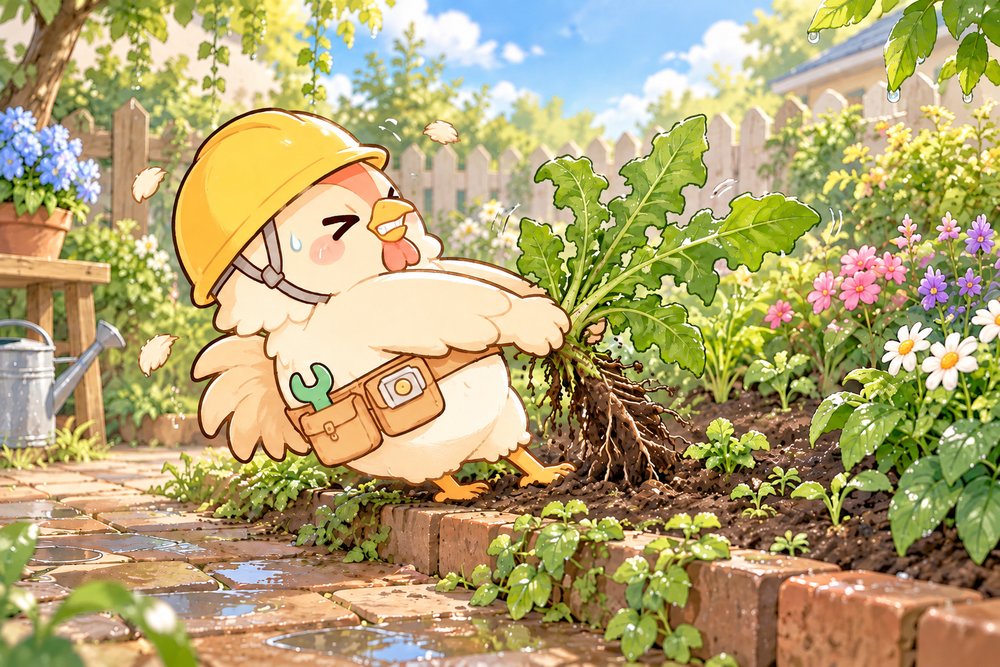 雨上がりの花壇で大きな雑草を引っこ抜くニワトリのナビ助