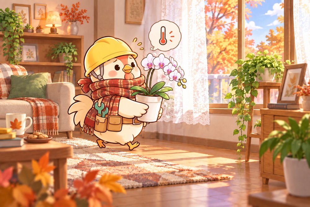 マフラー姿で胡蝶蘭の置き場所をさがすニワトリのナビ助