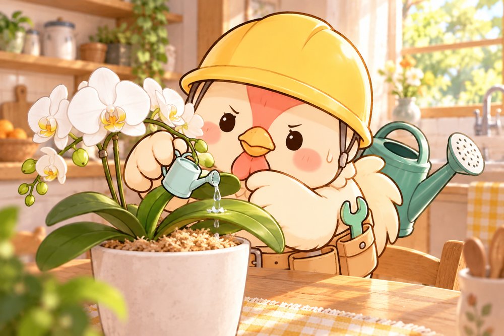 胡蝶蘭に少しだけ水をあげるニワトリのナビ助
