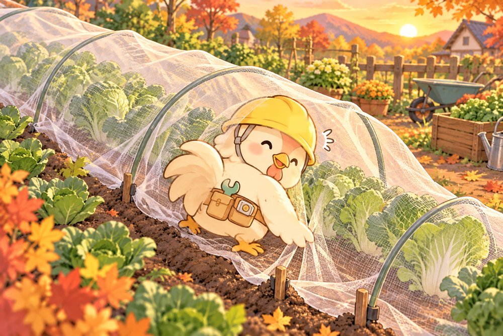 防虫ネットをかけようとして中に入ってしまったニワトリのナビ助