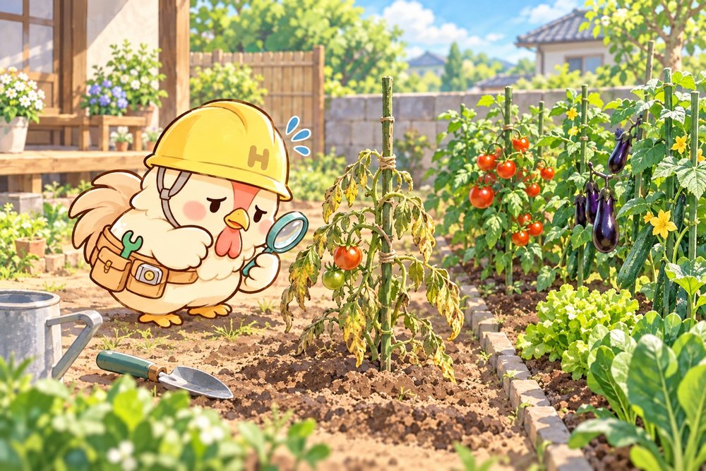 去年と同じ場所でしおれたトマトを調べるナビ助