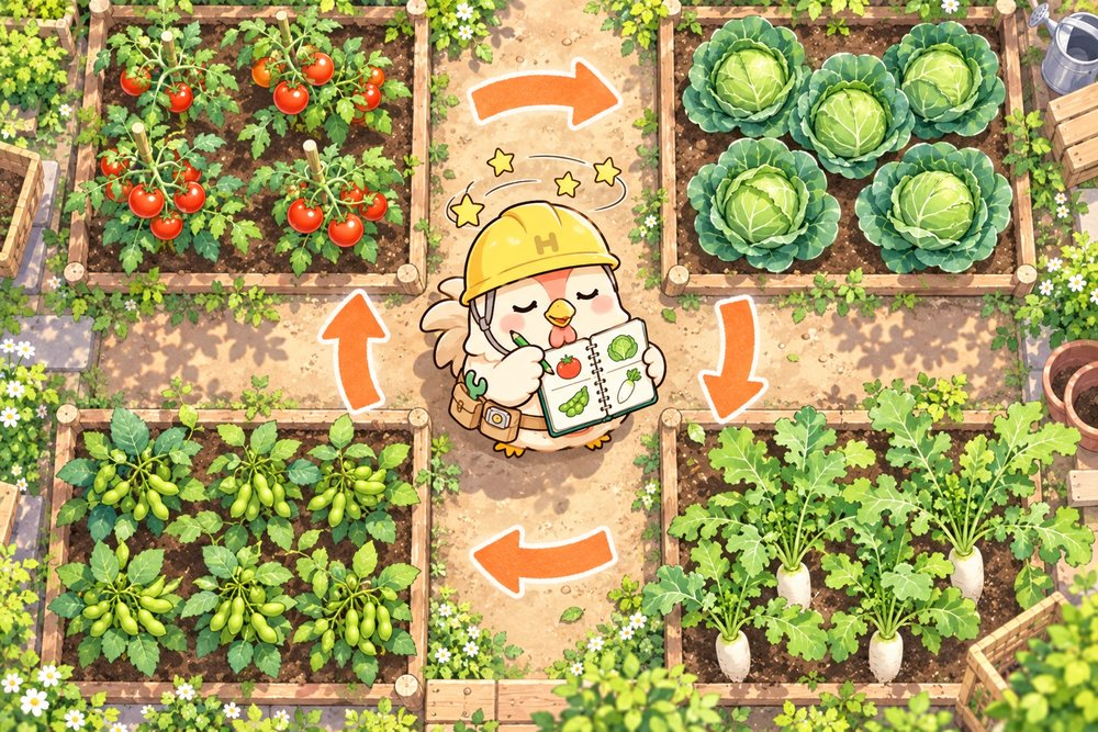 畑の区画を回して植える順番を考えるナビ助