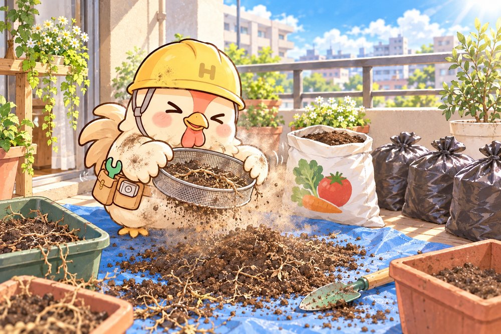 プランターの古い土をふるいにかけるナビ助