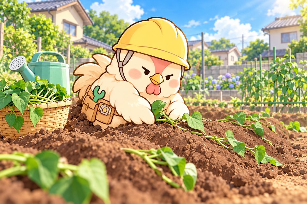 さつまいもの苗を畝に植えるナビ助