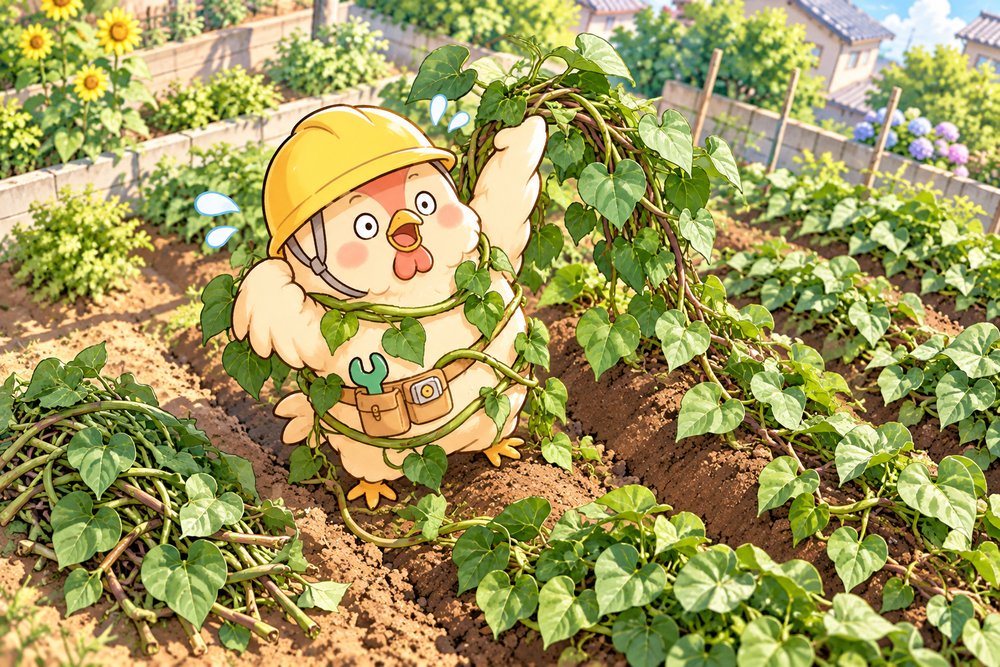 伸びたつるを返そうとして巻きつかれるナビ助