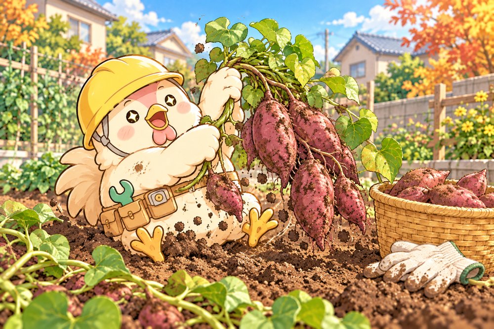 さつまいもを大収穫して尻もちをつくナビ助