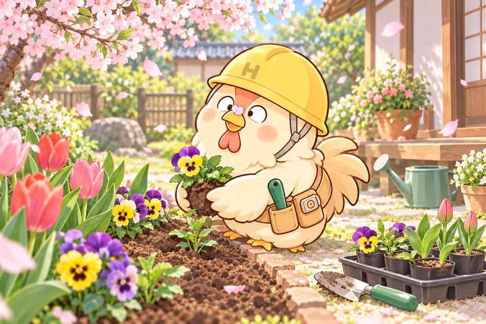 桜の下で春の花の苗を植えるナビ助