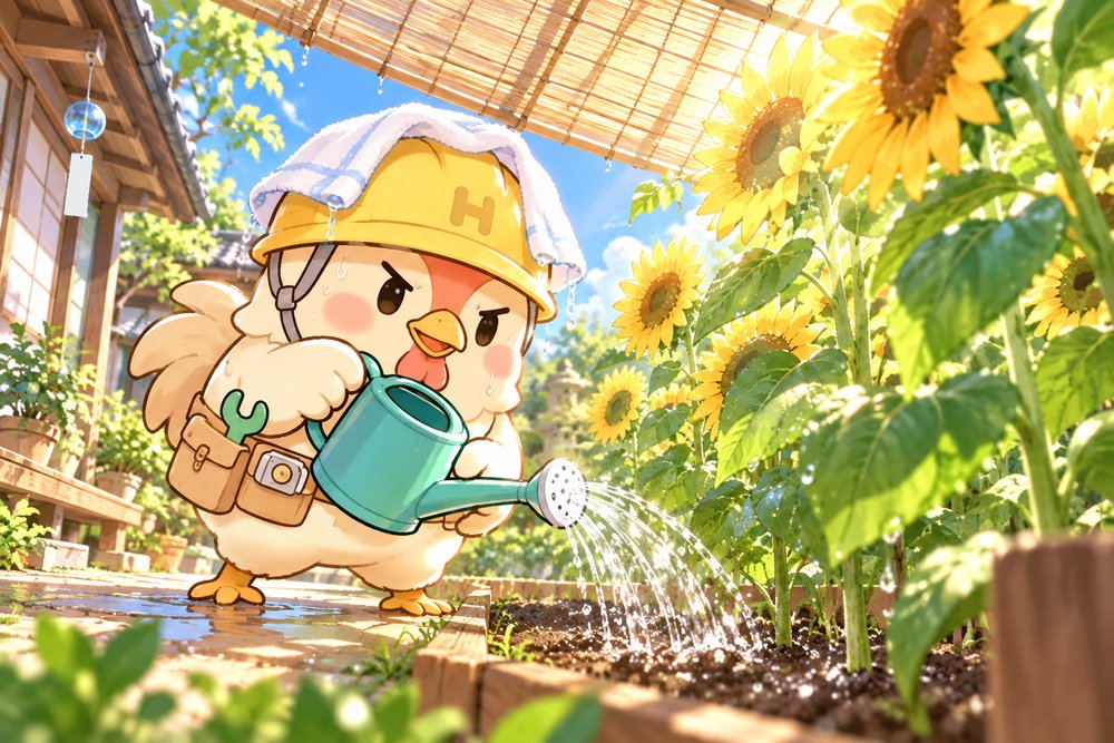 真夏の早朝にひまわりへ水やりするナビ助