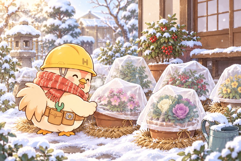 雪の日に鉢植えへ不織布をかけて防寒するナビ助