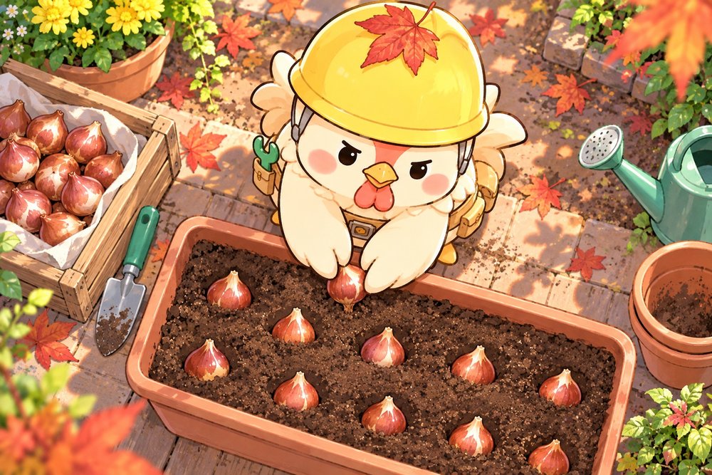 プランターに球根を植えるニワトリのナビ助